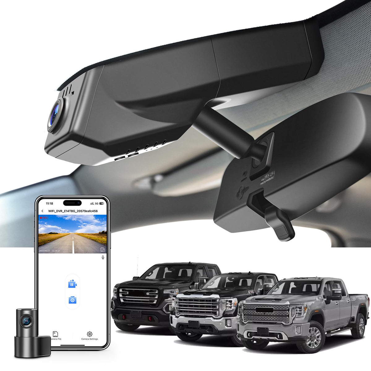Mangoal Front 4K dash cam installed behind Sierra rearview mirror for seamless integration.