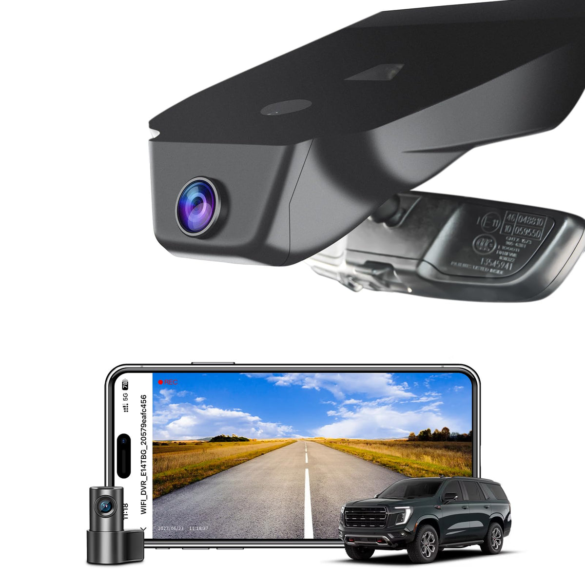 Mangoal front 4K dashcam behind Yukon mirror for OEM look