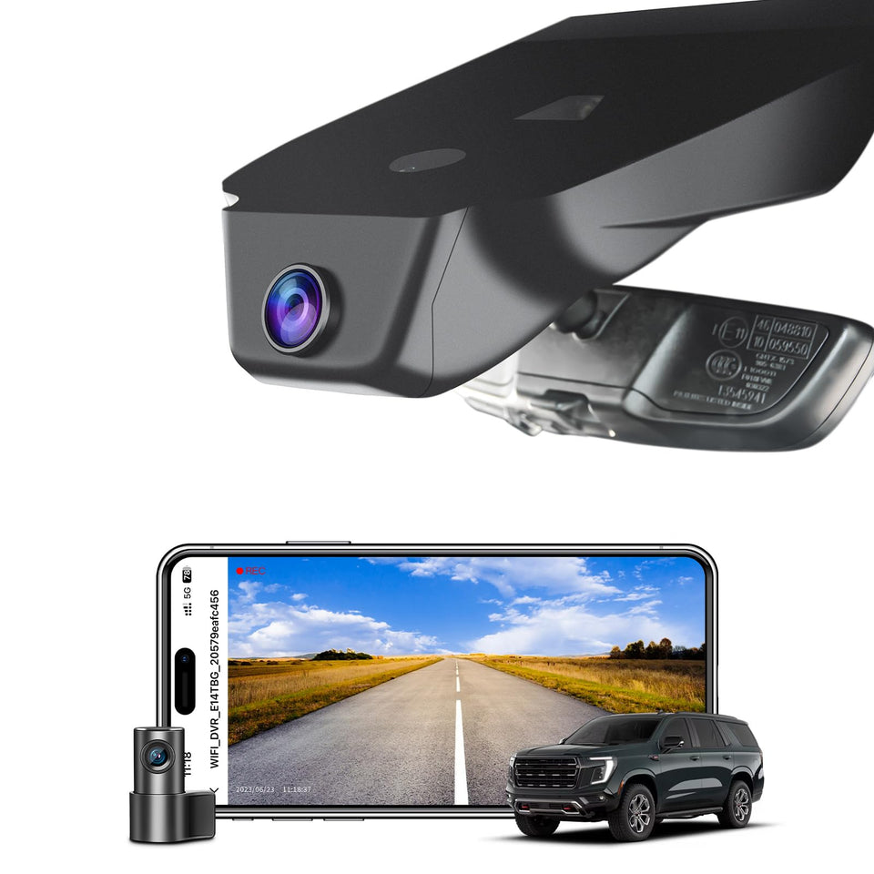 Mangoal front 4K dashcam behind Yukon mirror for OEM look