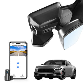 Mangoal Front 4K dash cam mounted behind the Mustang mirror for crystal-clear front footage
