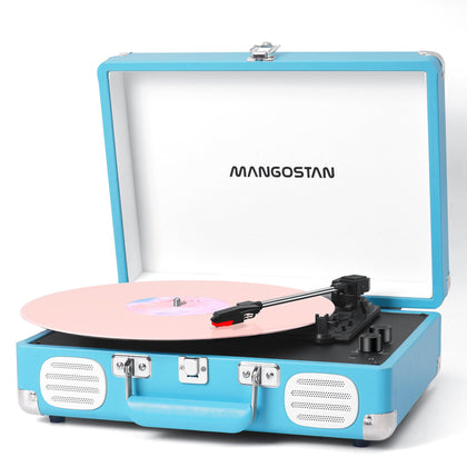 MANGOSTAN front view of blue suitcase record player showing portability and vintage style