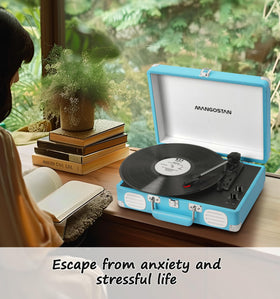 MANGOSTAN on a table with records and plant showing stylish home decor appeal