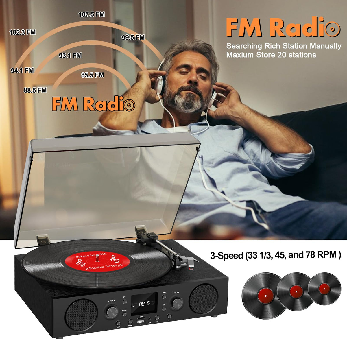 MANGOSTAN belt-drive turntable offering 3-speed playback for vinyl variety.