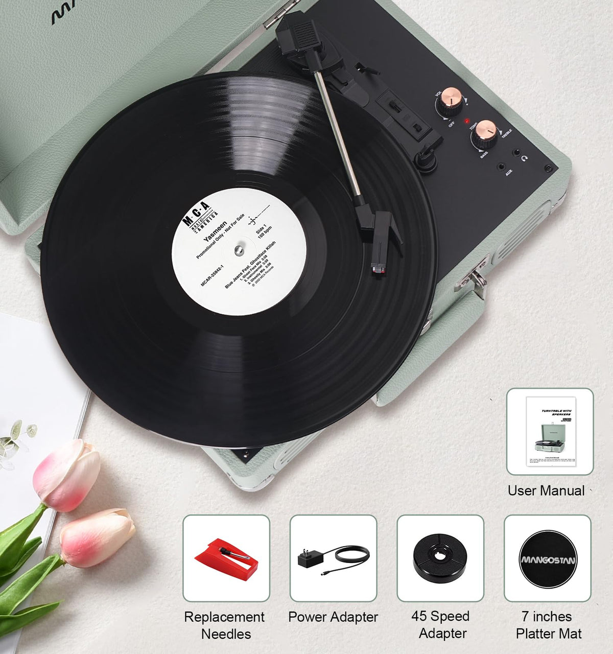MANGOSTAN record player in use with a spinning vinyl for instant listening