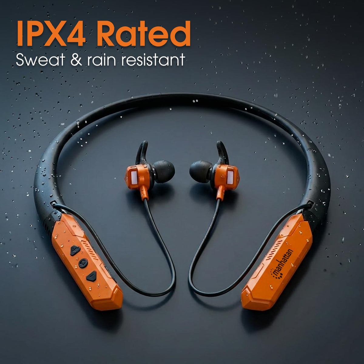 MANHATTAN earphones with water droplets demonstrating IPX4 protection for durability