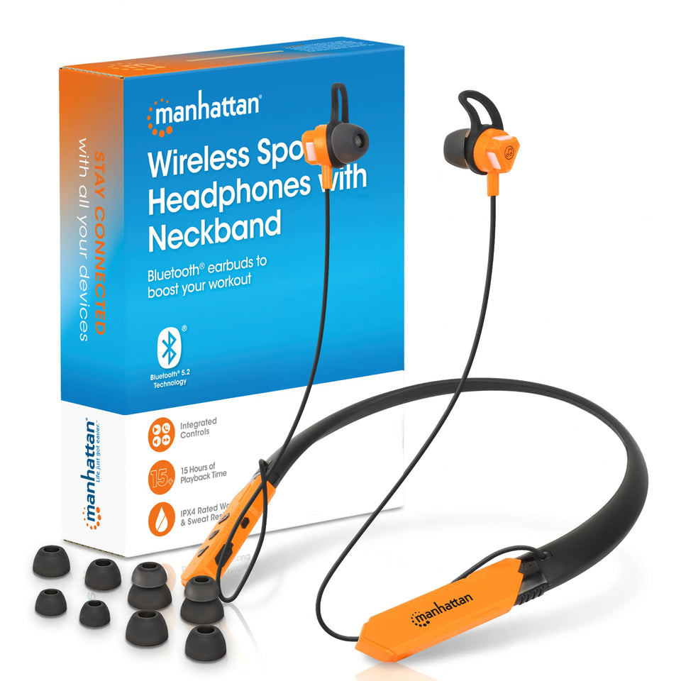 MANHATTAN front view of neckband headphones showing compact design and comfort