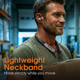MANHATTAN neckband worn by worker showing secure fit for active use benefit