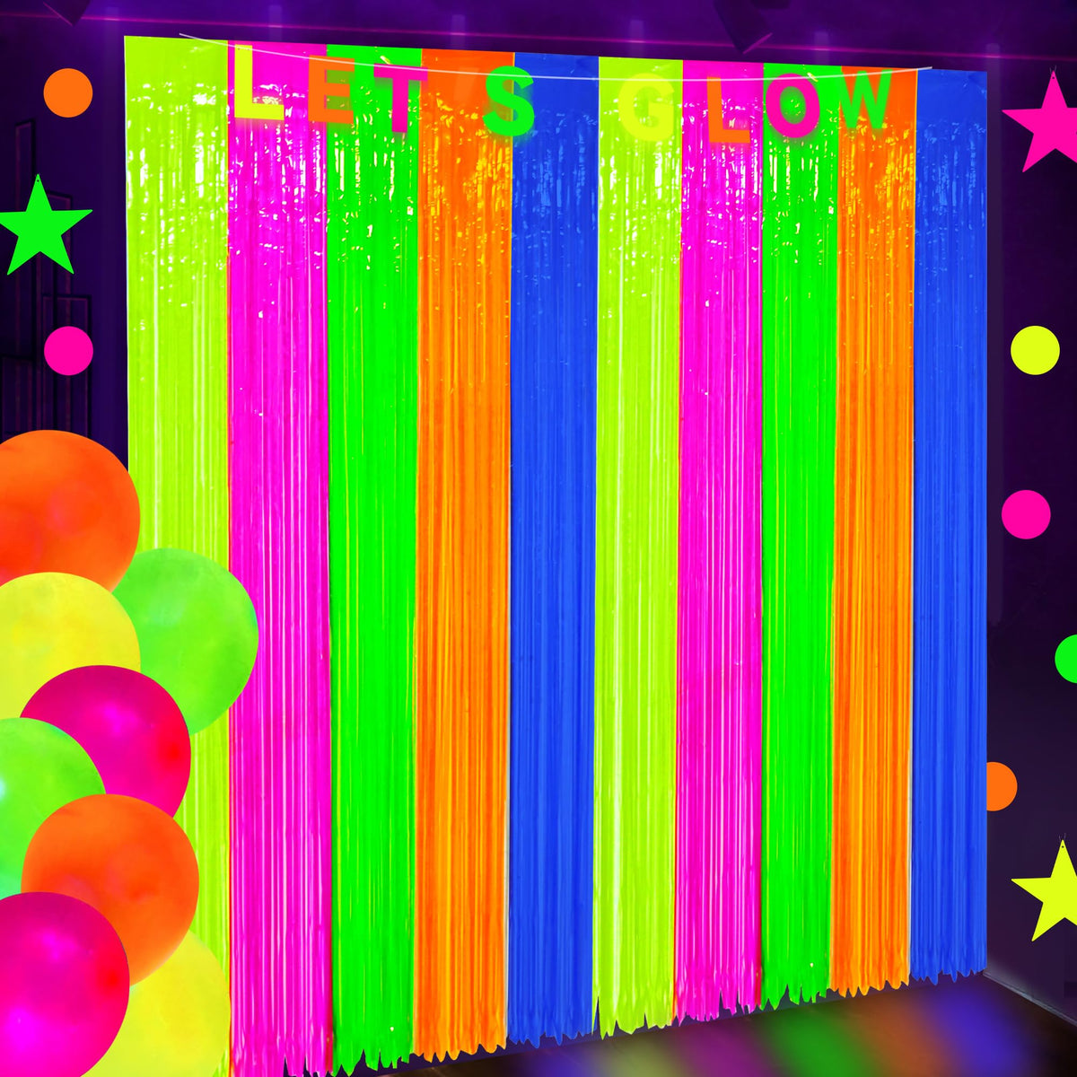 Maniaacer front view of two neon foil fringe curtains for instant photo backdrops