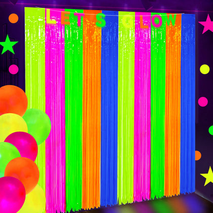 Maniaacer front view of two neon foil fringe curtains for instant photo backdrops
