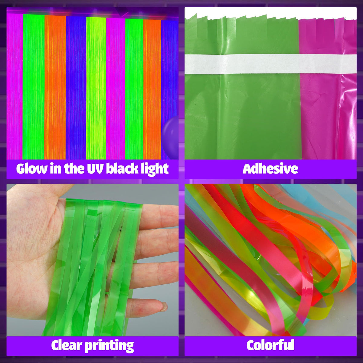 Maniaacer neon curtains glowing under blacklight to amplify party colors
