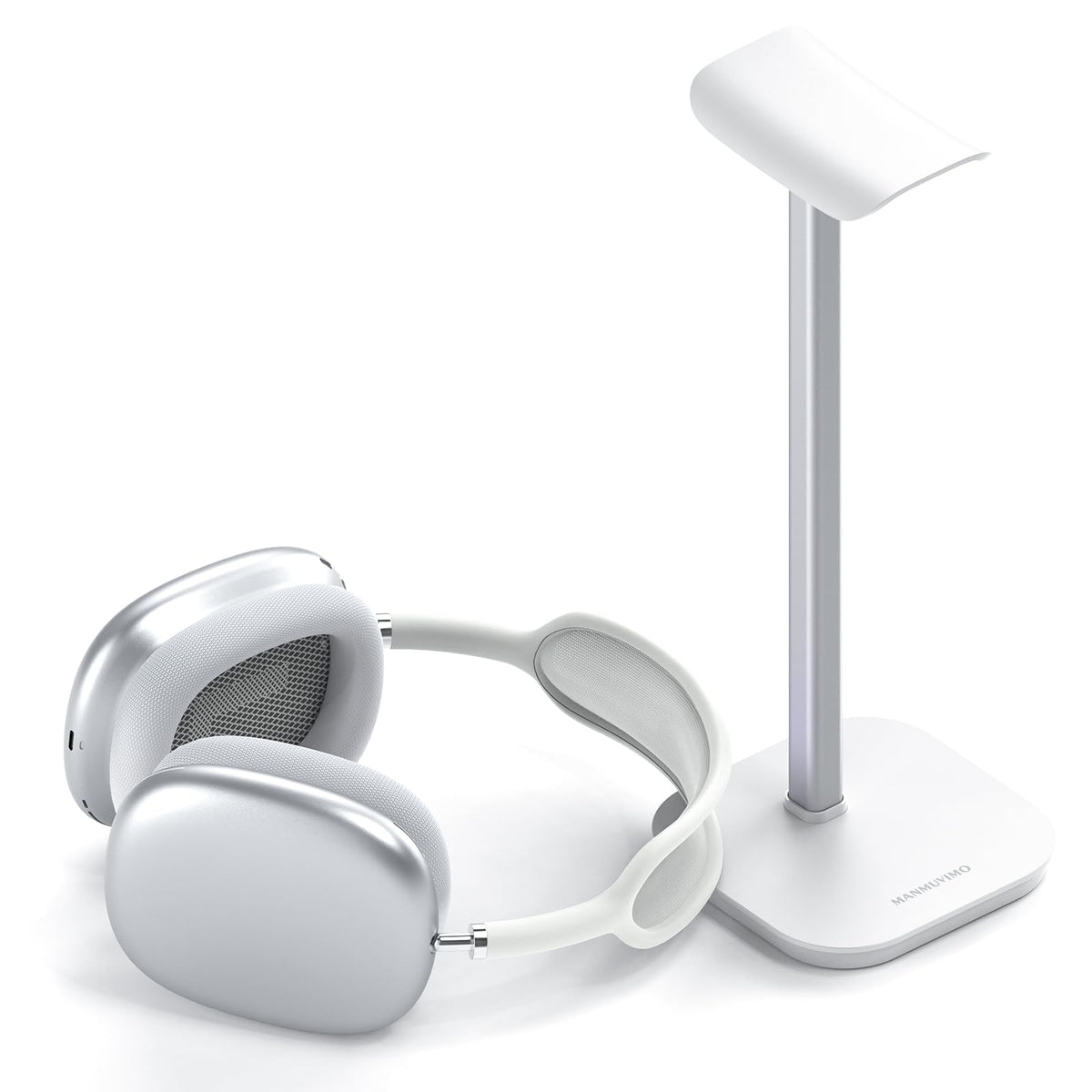 MANMUVIMO headphone stand with white base keeps desks tidy and accessible.