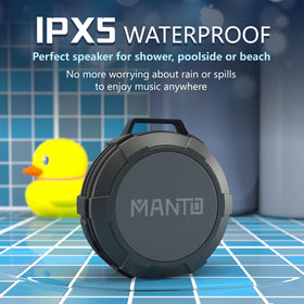MANTO shower-ready speaker with clip for camping and beach trips.