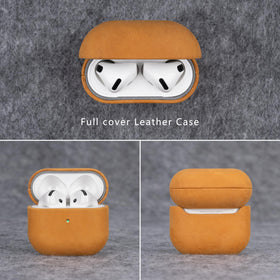 Maogoam AirPods 4 leather close-up reveals Crazy Horse grain and bronze patina