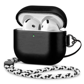 Maogoam AirPods 4 leather case with D-clip hand strap for portable style.
