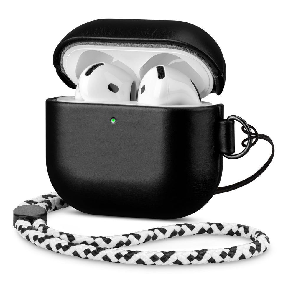 Maogoam AirPods 4 leather case with D-clip hand strap for portable style.
