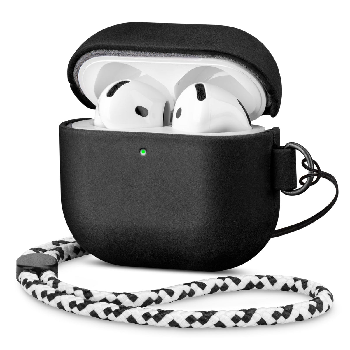Maogoam AirPods 4 leather case with D-clip strap for quick attachment.