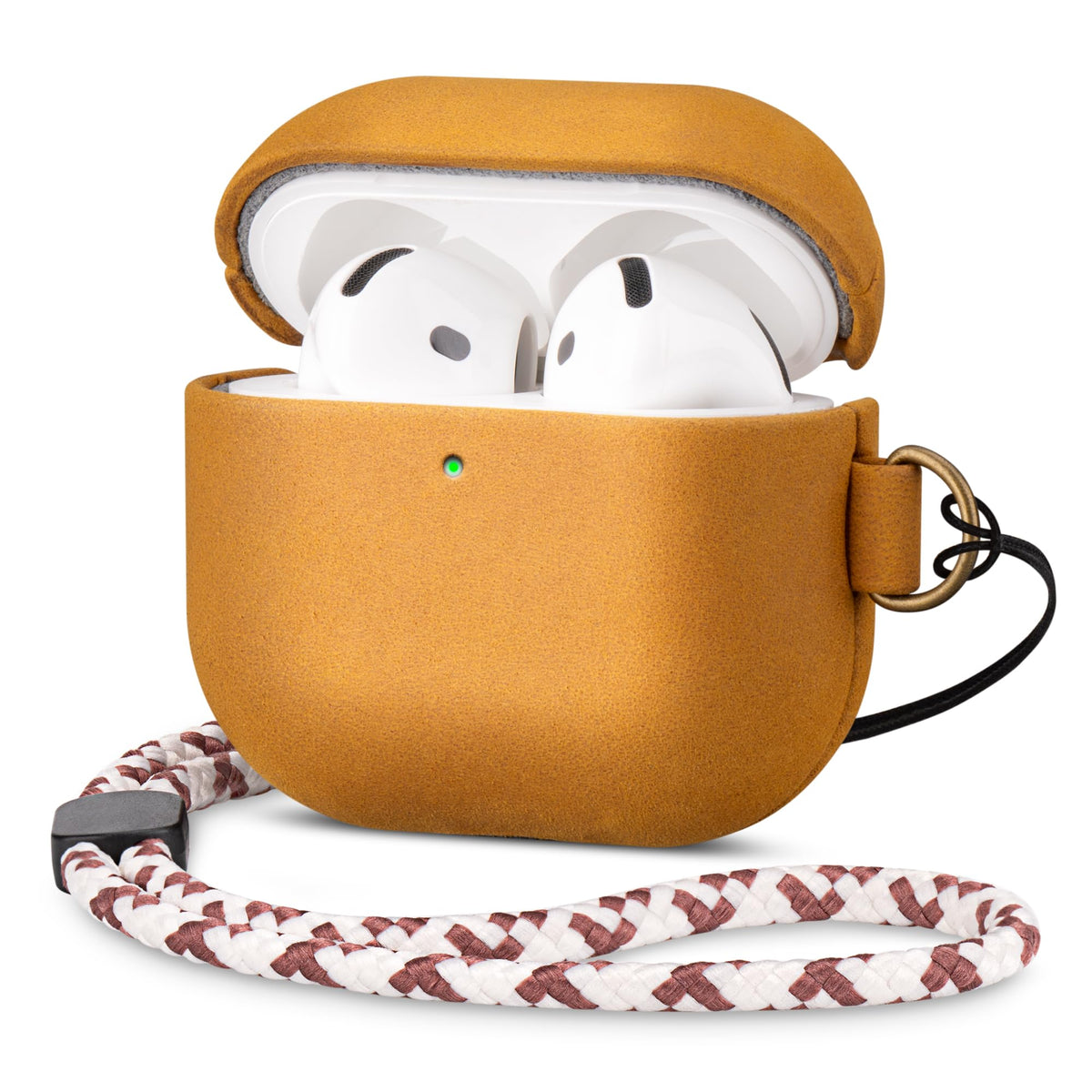 Maogoam AirPods 4 leather case with D-clip for secure attachment.