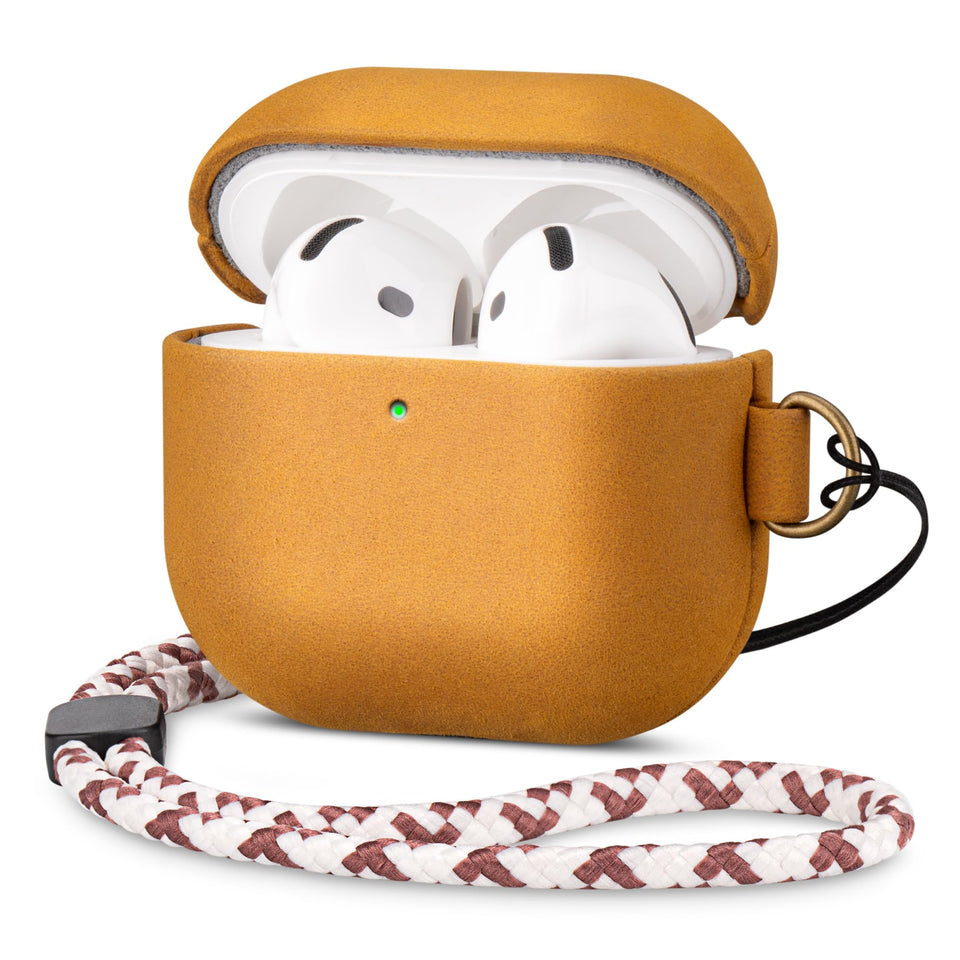 Maogoam AirPods 4 leather case with D-clip for secure attachment.