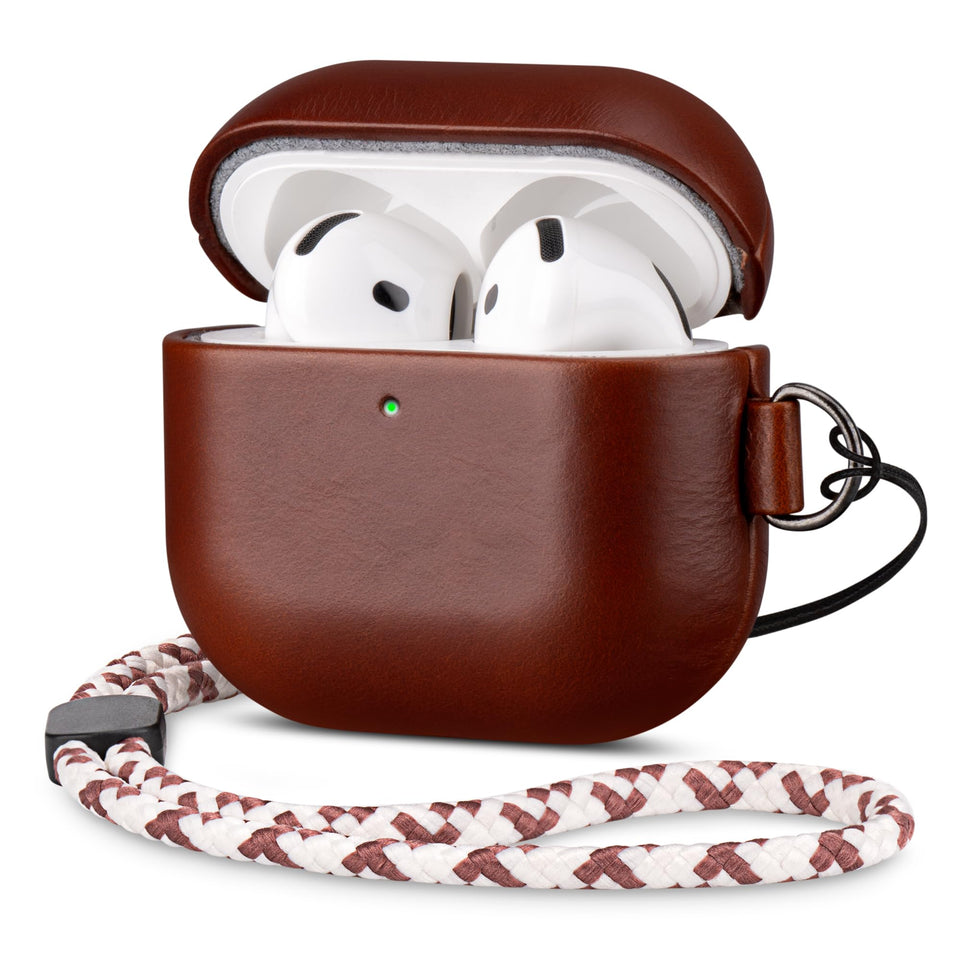 Maogoam AirPods 4 leather case with D-clip hand strap for secure carry.