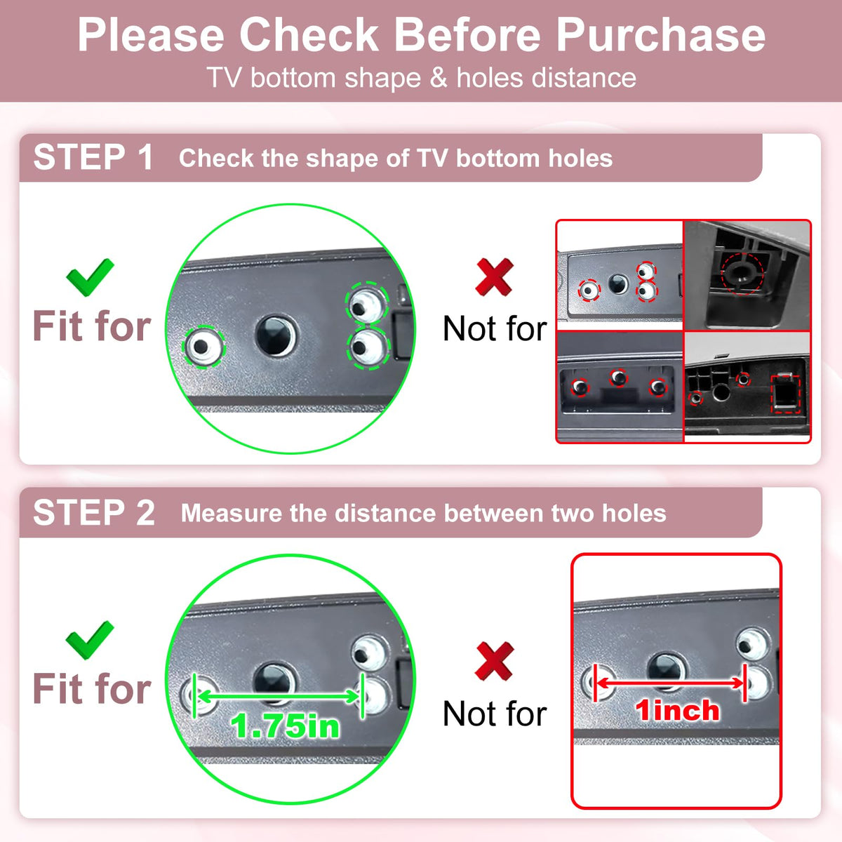 Maozhren close-up of mounting holes matching LG TV pattern for correct fit