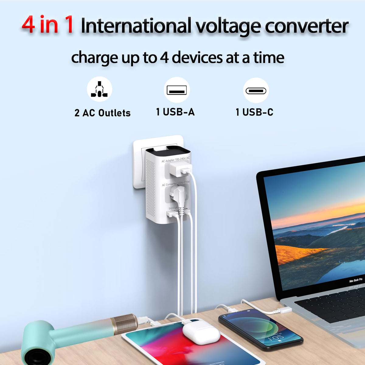 Mapambo European travel adapter rated up to 2000W for high-power devices.