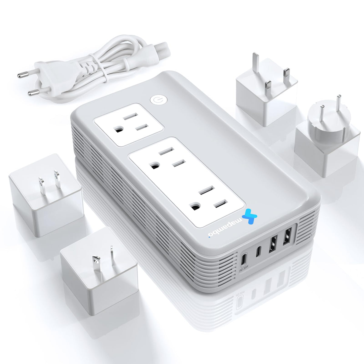 Mapambo converter front view showing sockets and ports for safe travel charging