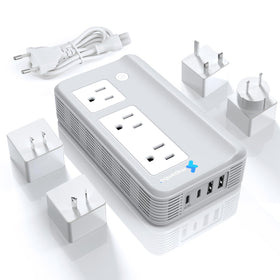Mapambo converter front view showing sockets and ports for safe travel charging
