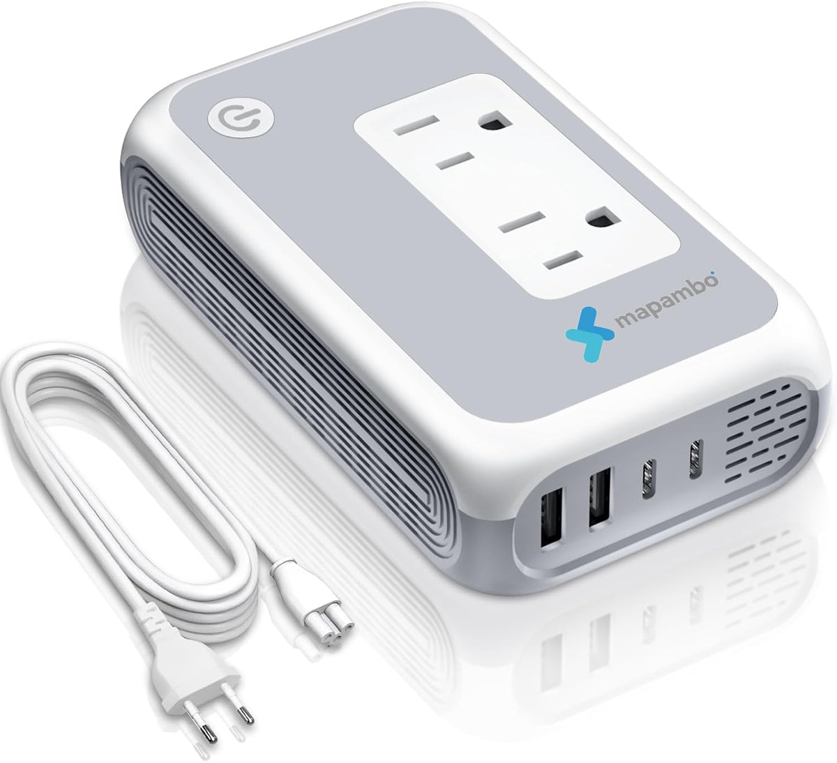 Mapambo front view showing AC outlets and USB ports for versatile charging