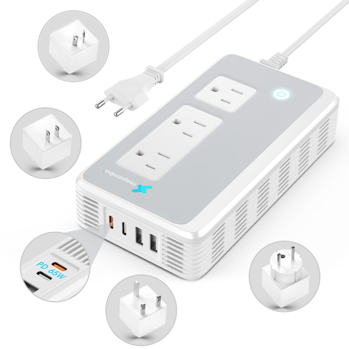 Mapambo front view with EU cable showing compact travel-ready power
