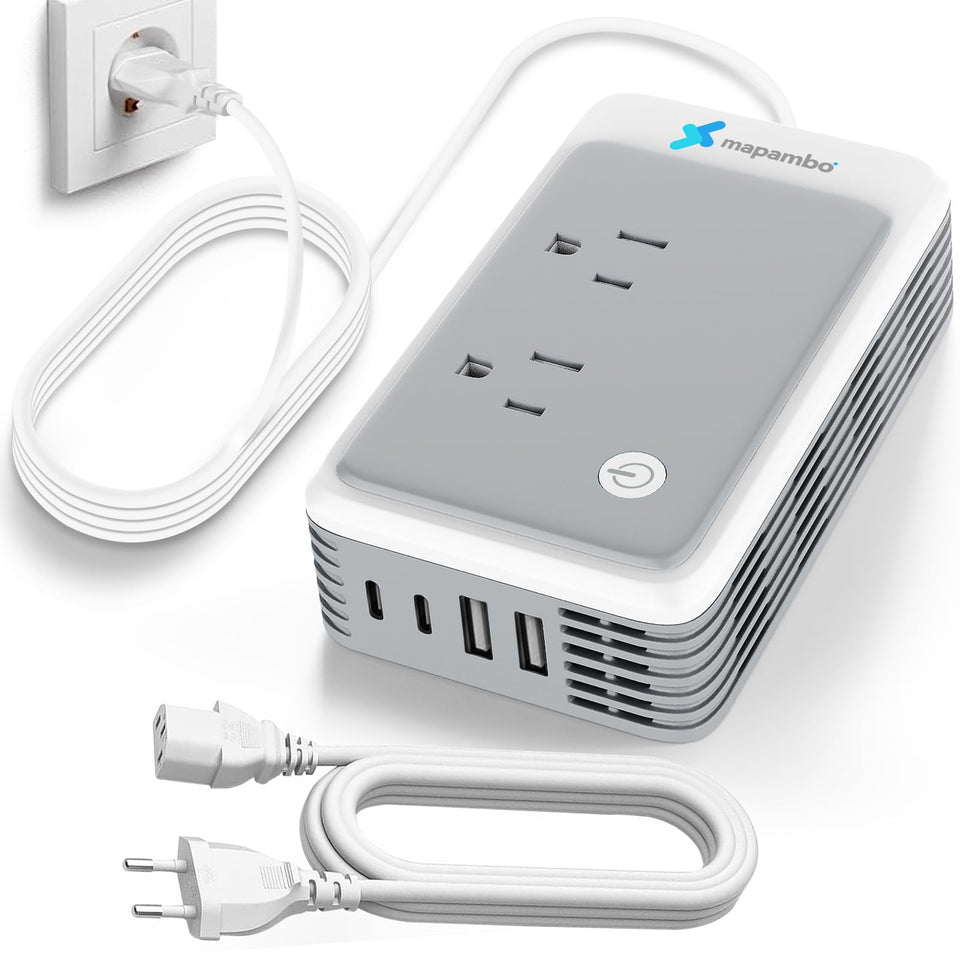 Mapambo front view showing sockets and compact size for convenient travel