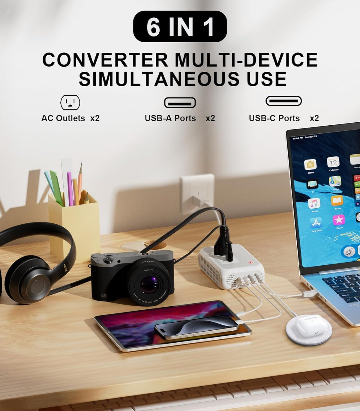 Mapambo top-closeup showing two AC sockets and four USB ports for multi-device use