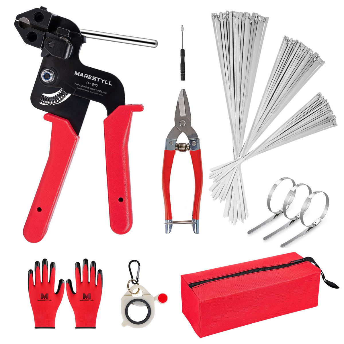 Marestyll kit front view showing gun, ties, cutter and pouch for fast setup