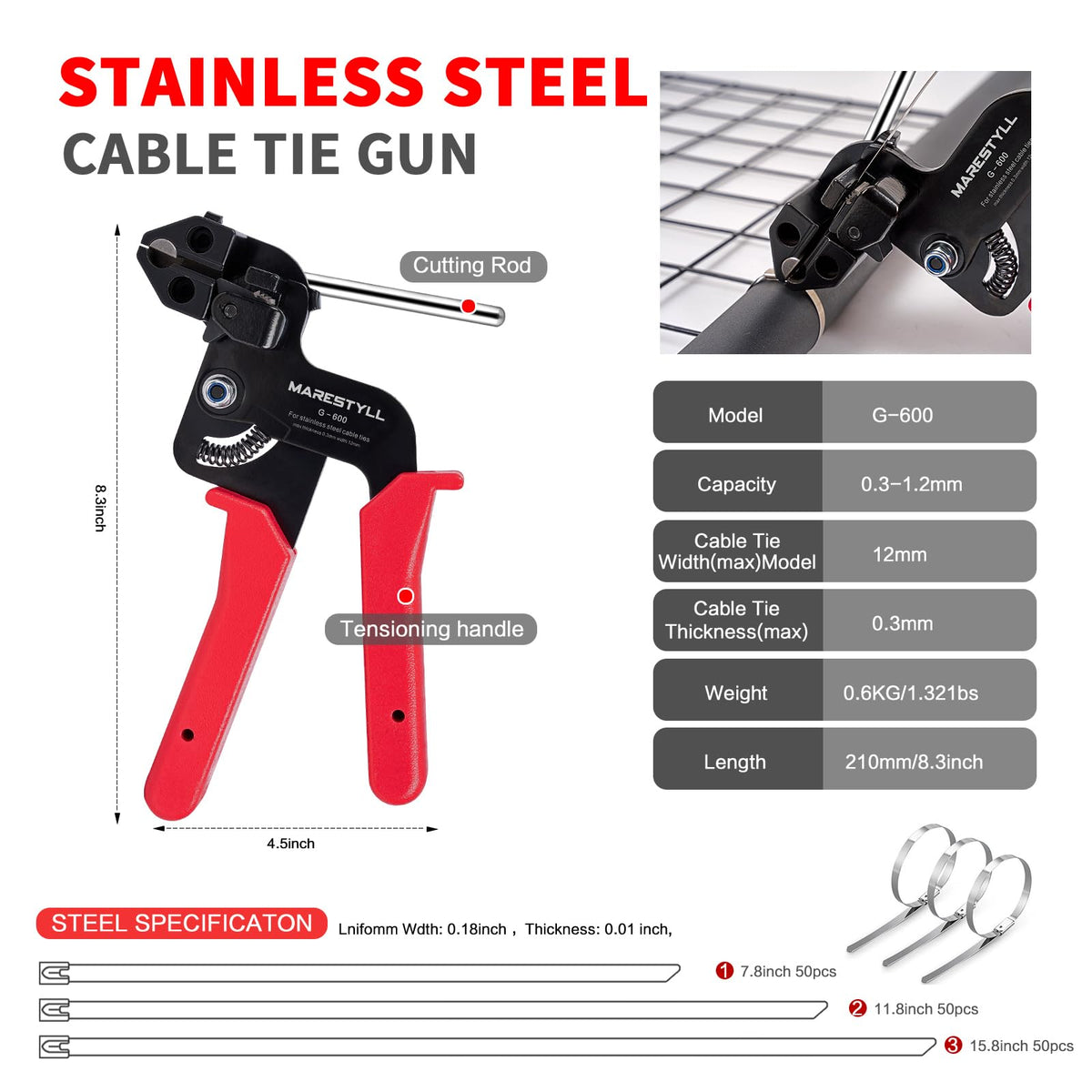 Marestyll tensioning gun close-up showing hardened steel and ergonomic grip benefit