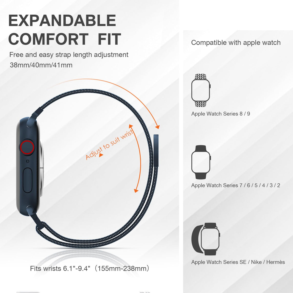 Compatibility across 38–42mm Apple Watch models for versatile use.