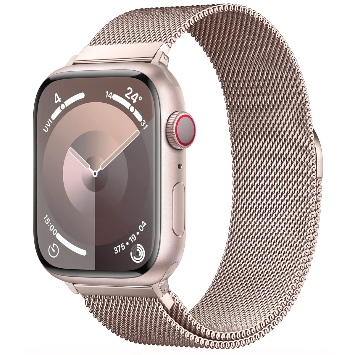 MARGE PLUS Apple Watch Milanese Loop in rose gold, close-up shows refined mesh and secure magnetic clasp
