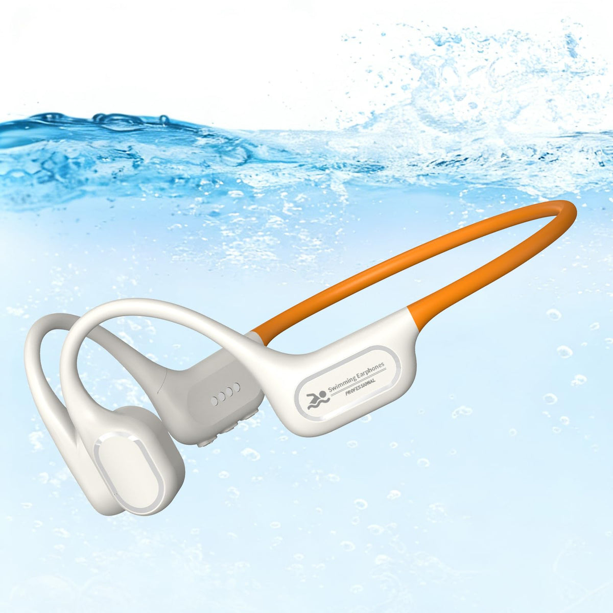 MARLALL front packaging showing beige-orange swim headphones and benefits