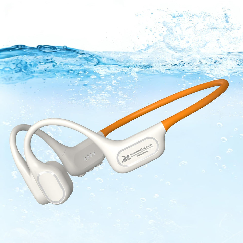 MARLALL front packaging showing beige-orange swim headphones and benefits