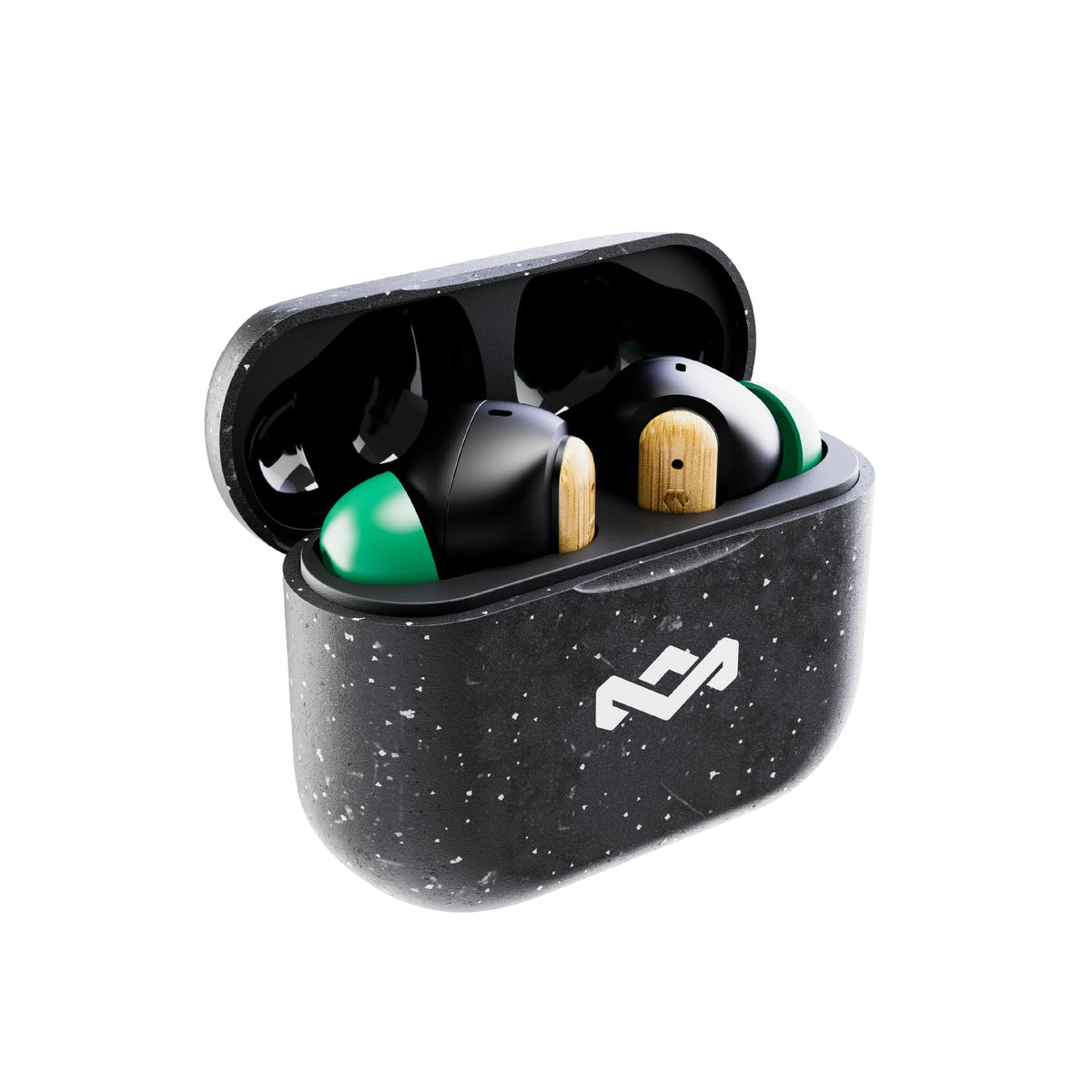 House of Marley open charging case showing earbuds seated and extended playtime benefit