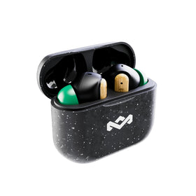 House of Marley open charging case showing earbuds seated and extended playtime benefit