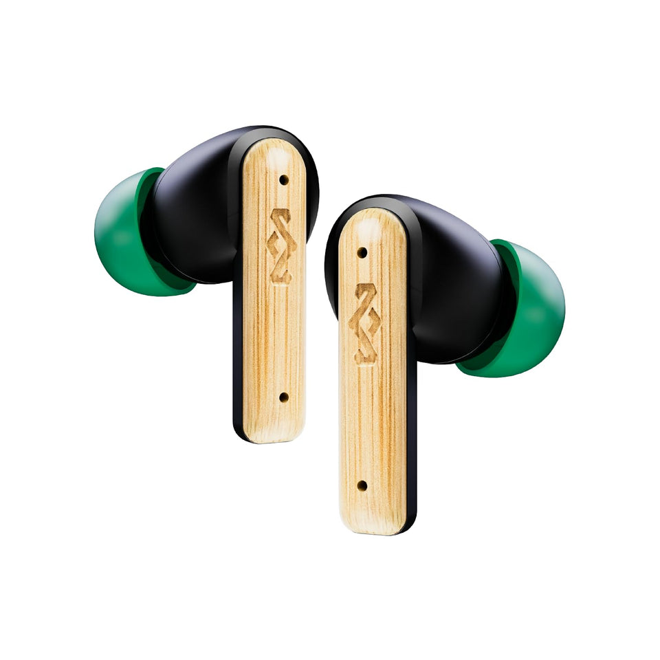 House of Marley front view of Little Bird earbuds showing compact design and eco look