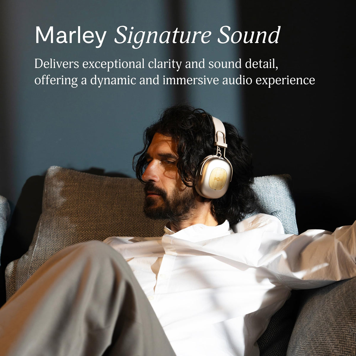 Marley Rebel ANC headphones side profile showing sustainable cream finish