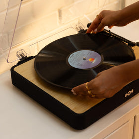 Dust cover protects Marley Revolution turntable during use.