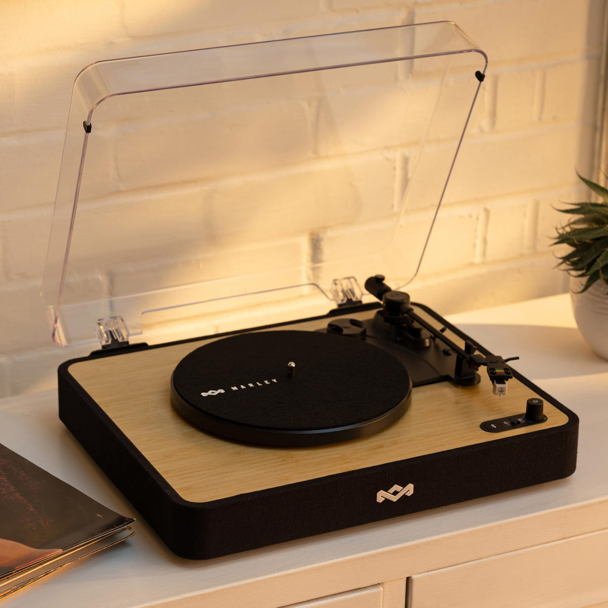 Sustainable materials highlight Marley Revolution turntable's bamboo and recycled plastics.