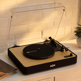 Sustainable materials highlight Marley Revolution turntable's bamboo and recycled plastics.