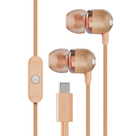 Marley Smile Jamaica copper earbuds viewed from the side, with vibrant wired sound