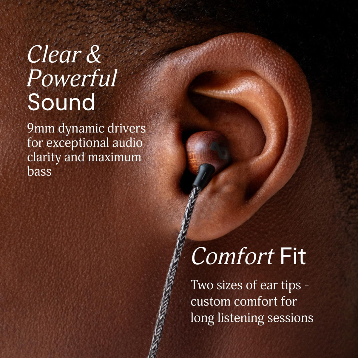 In-ear fit of Marley earbuds demonstrating secure comfort with two tip sizes.