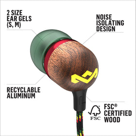 Marley Smile Jamaica earbuds microphone closeup emphasizing hands-free calling feature.