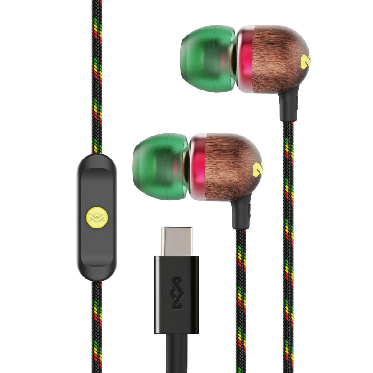 Marley Smile Jamaica USB-C earbuds close-up showing vibrant 9.2mm drivers for crisp sound