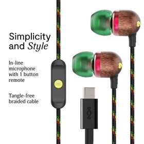 Marley Smile Jamaica USB-C earbuds in-ear fit demonstrating secure comfort for long listening