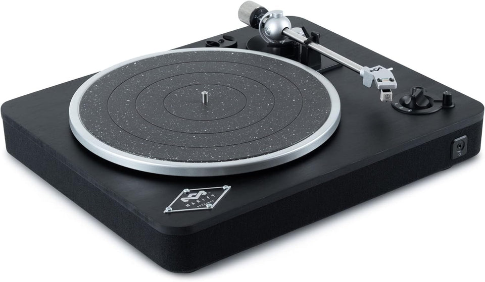 Marley Stir It Up turntable with bamboo top for an eco-friendly living room ambiance.